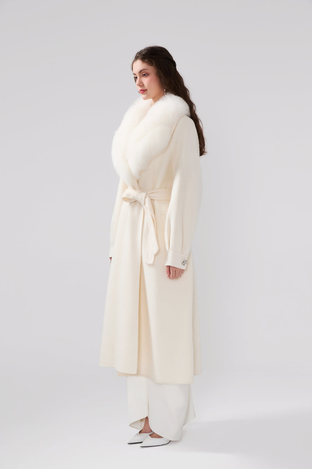 Detachable Fox Fur White Long Coat