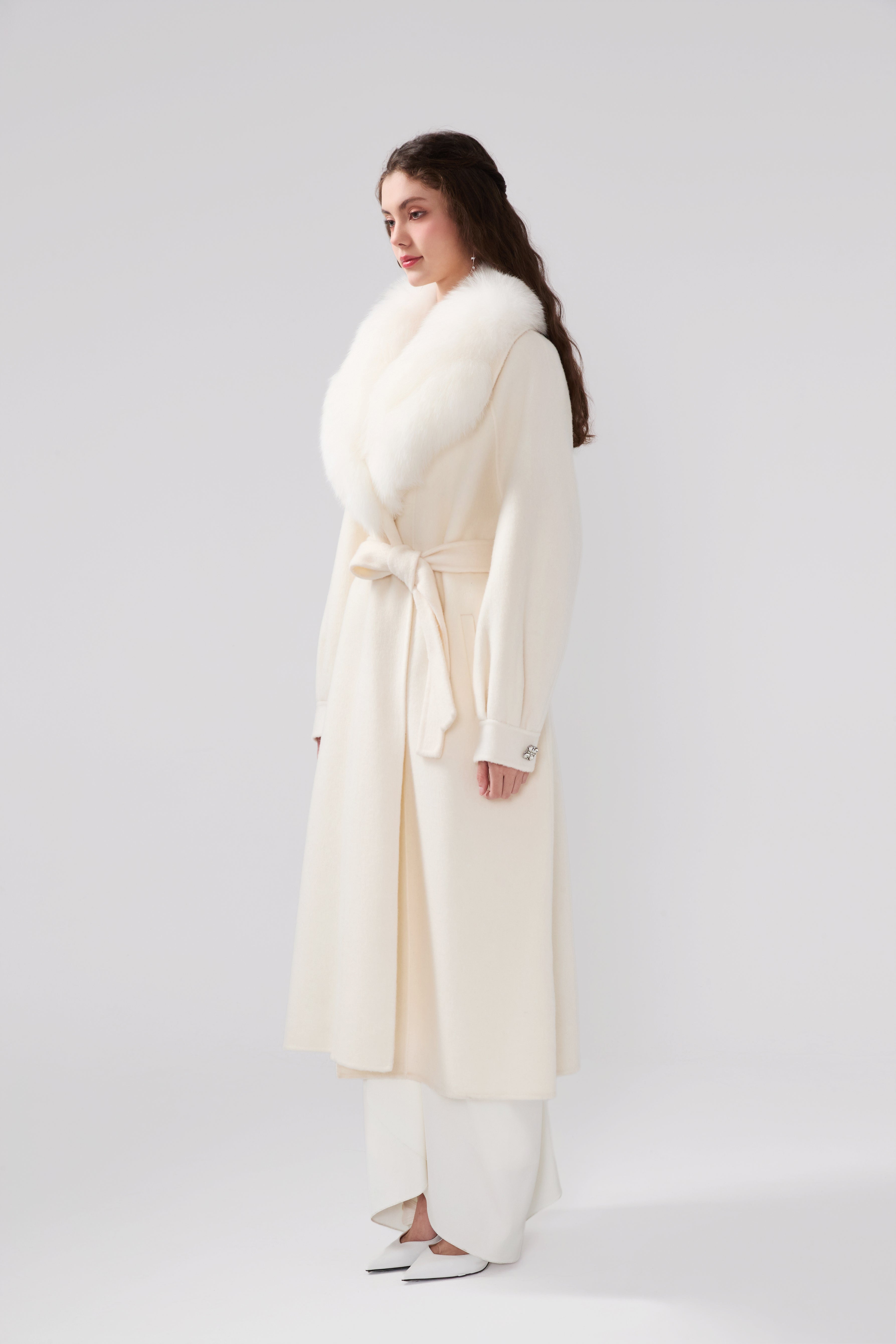 Detachable Fox Fur White Long Coat