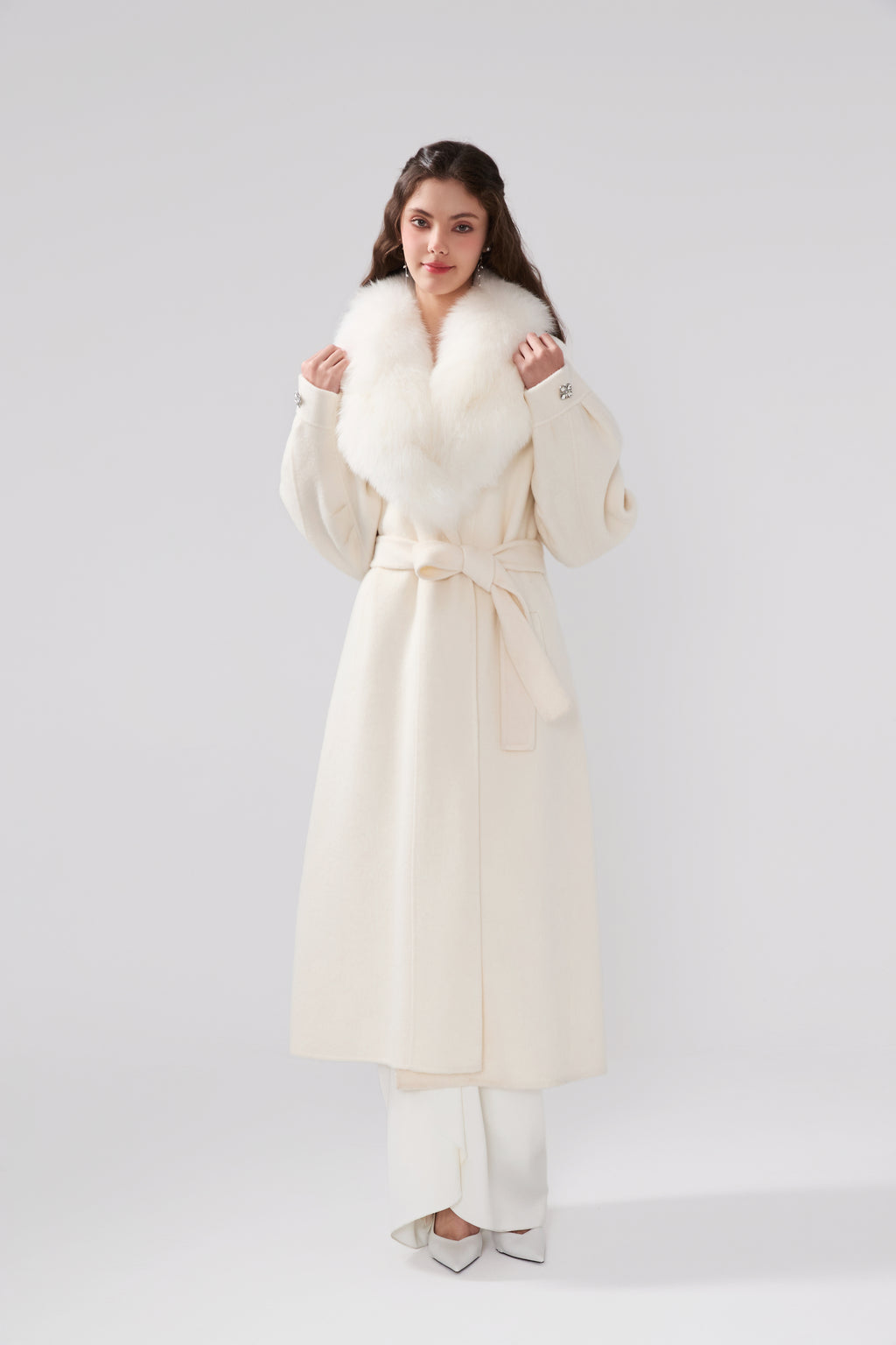 Detachable Fox Fur White Long Coat