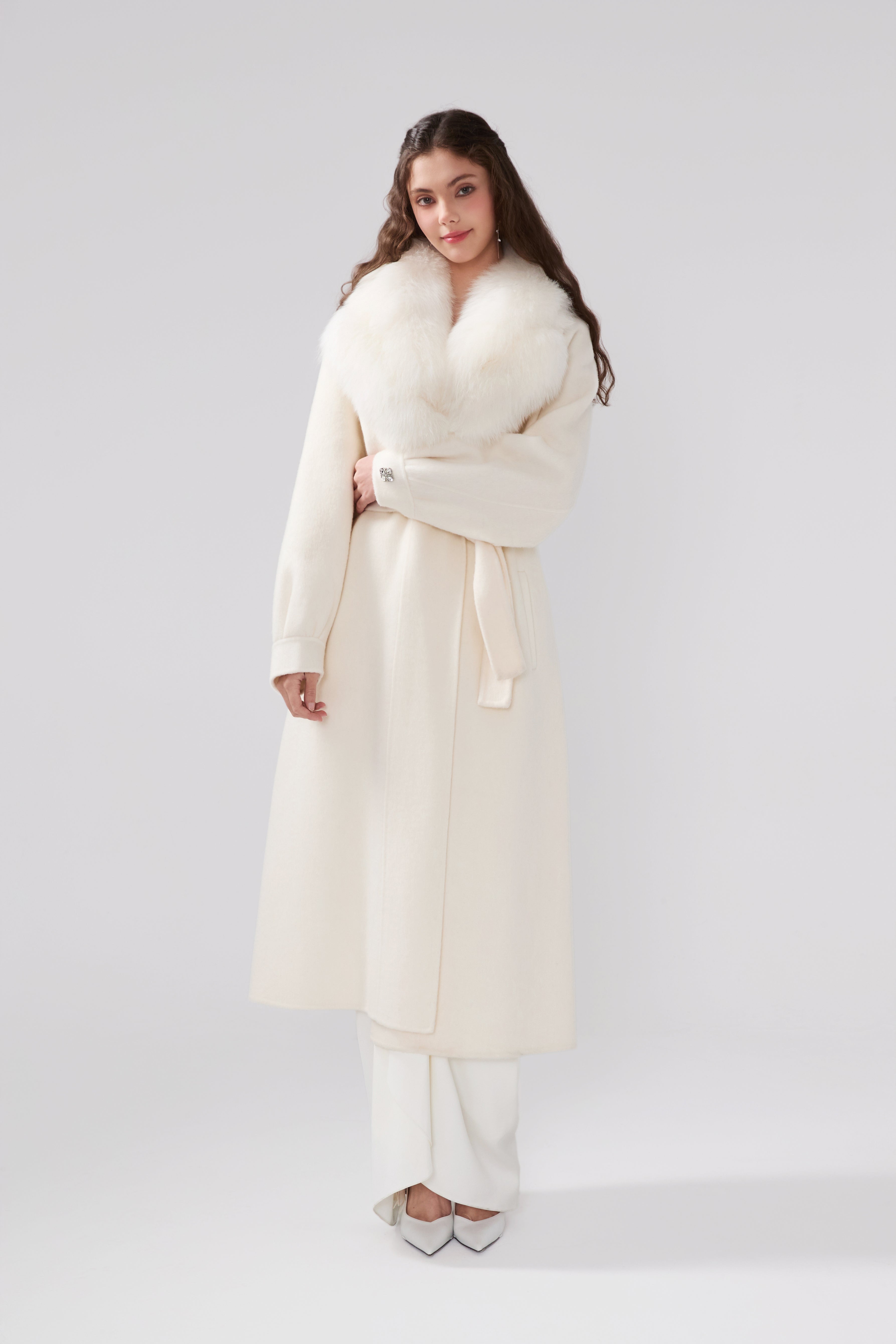 Detachable Fox Fur White Long Coat