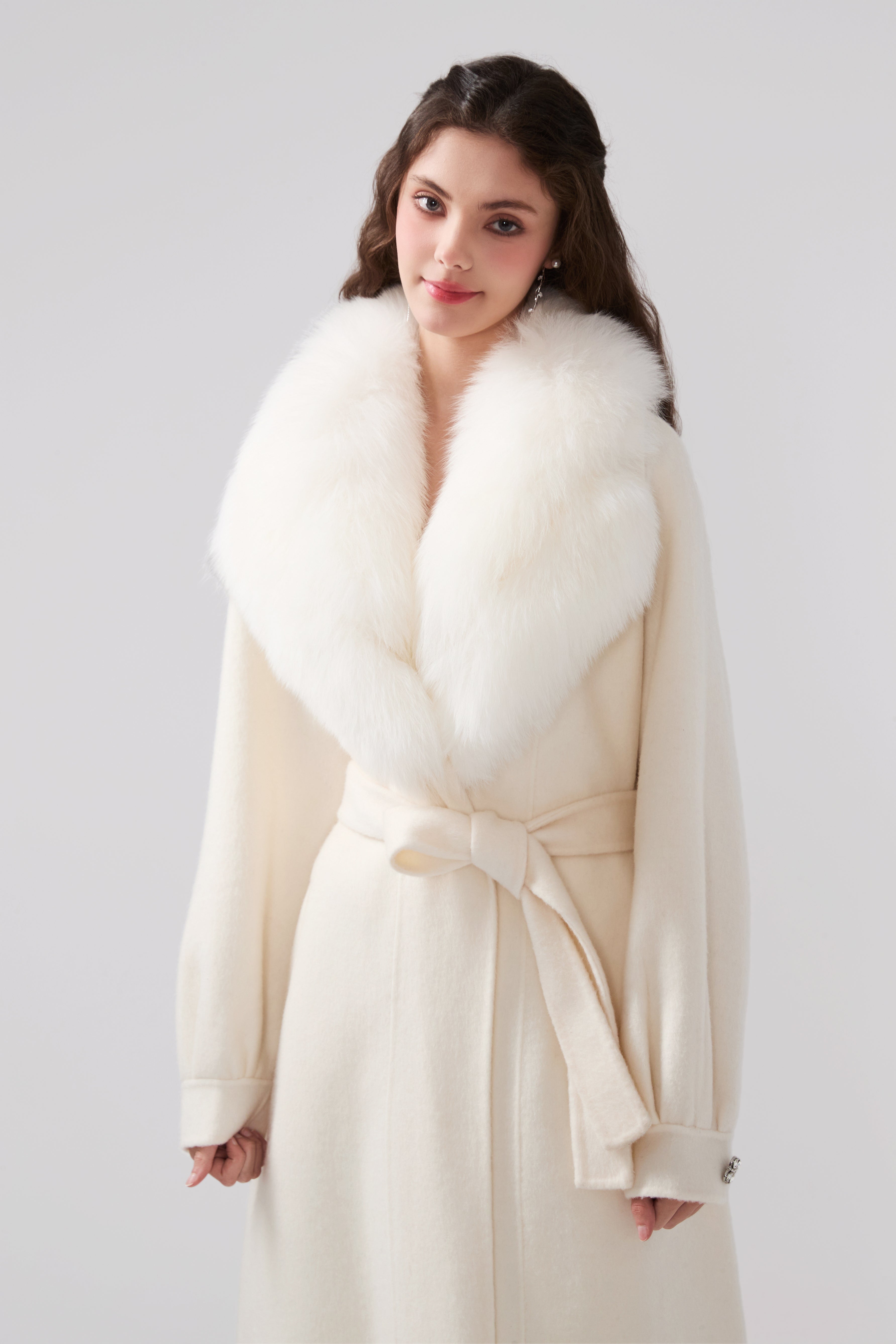 Detachable Fox Fur White Long Coat