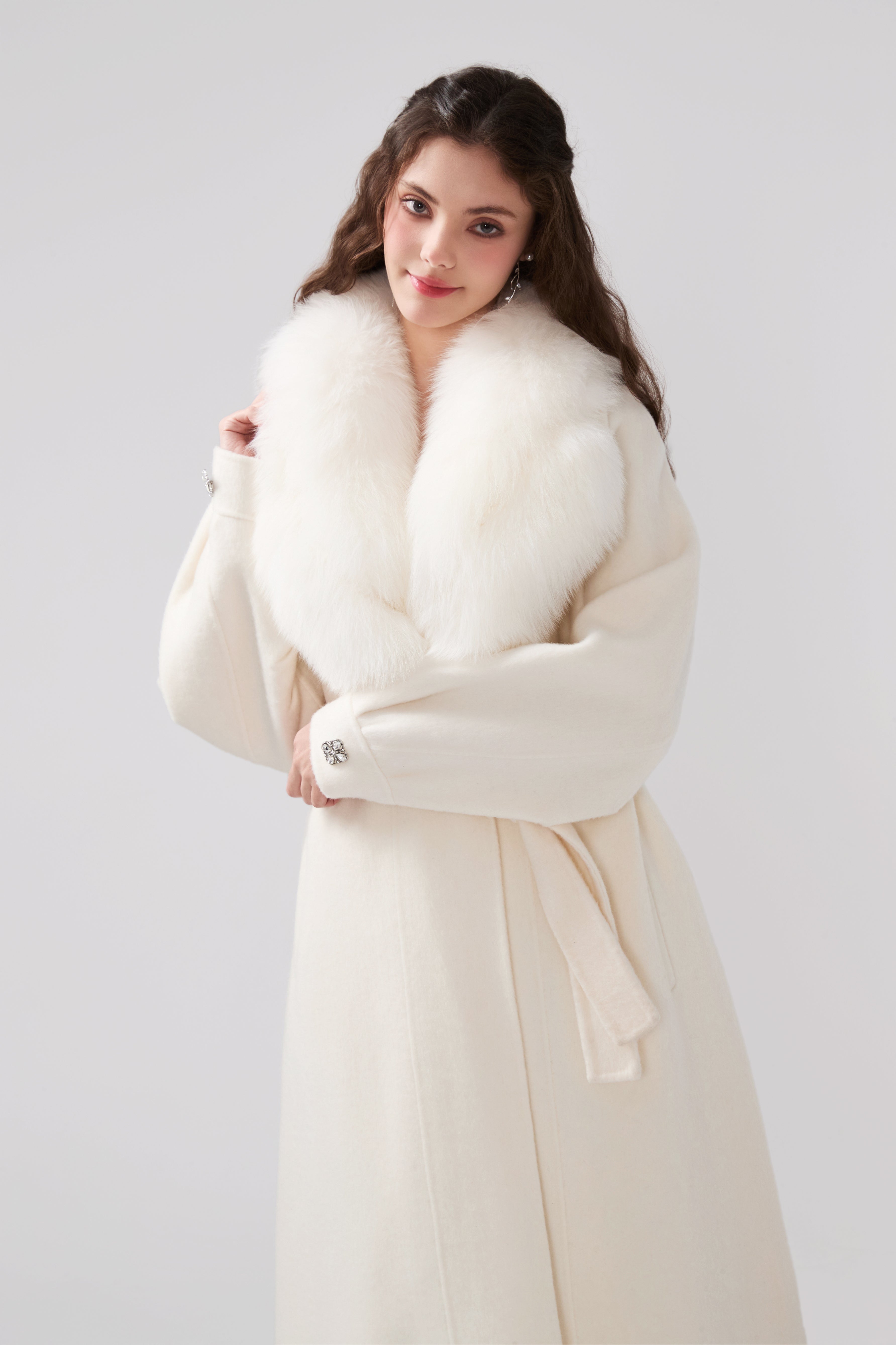 Detachable Fox Fur White Long Coat