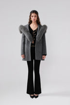 Detachable Fox Fur Grey Belted Hoodie Coat