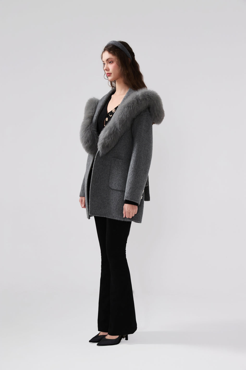 Detachable Fox Fur Grey Belted Hoodie Coat