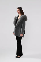 Detachable Fox Fur Grey Belted Hoodie Coat
