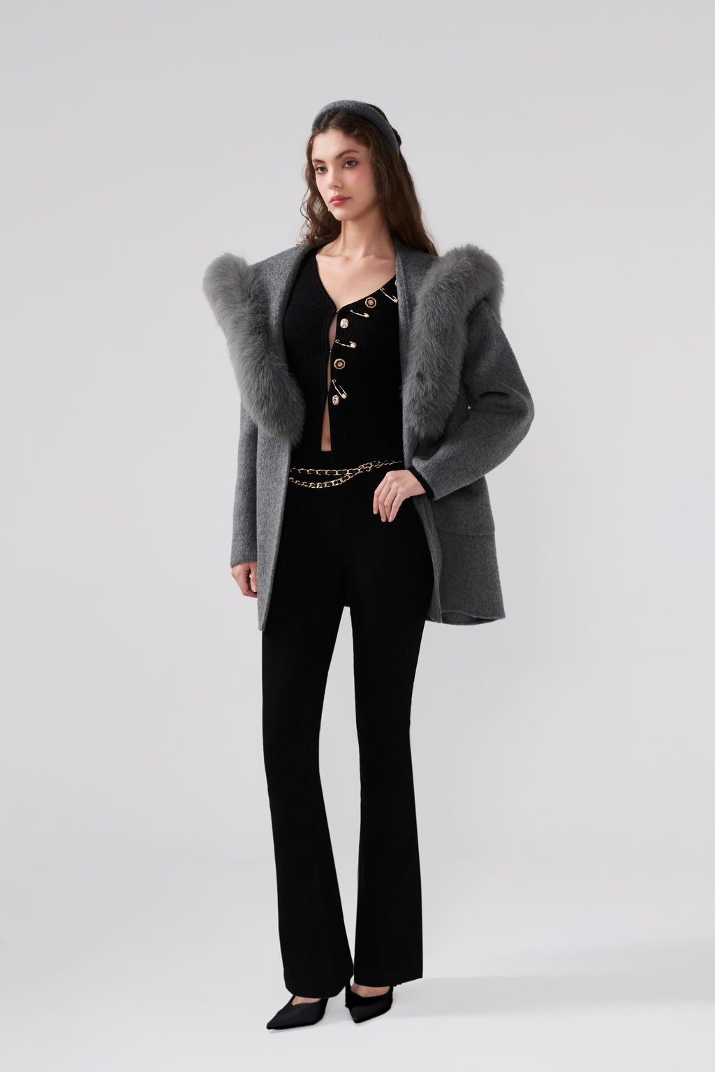 Detachable Fox Fur Grey Belted Hoodie Coat