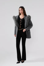 Detachable Fox Fur Grey Belted Hoodie Coat
