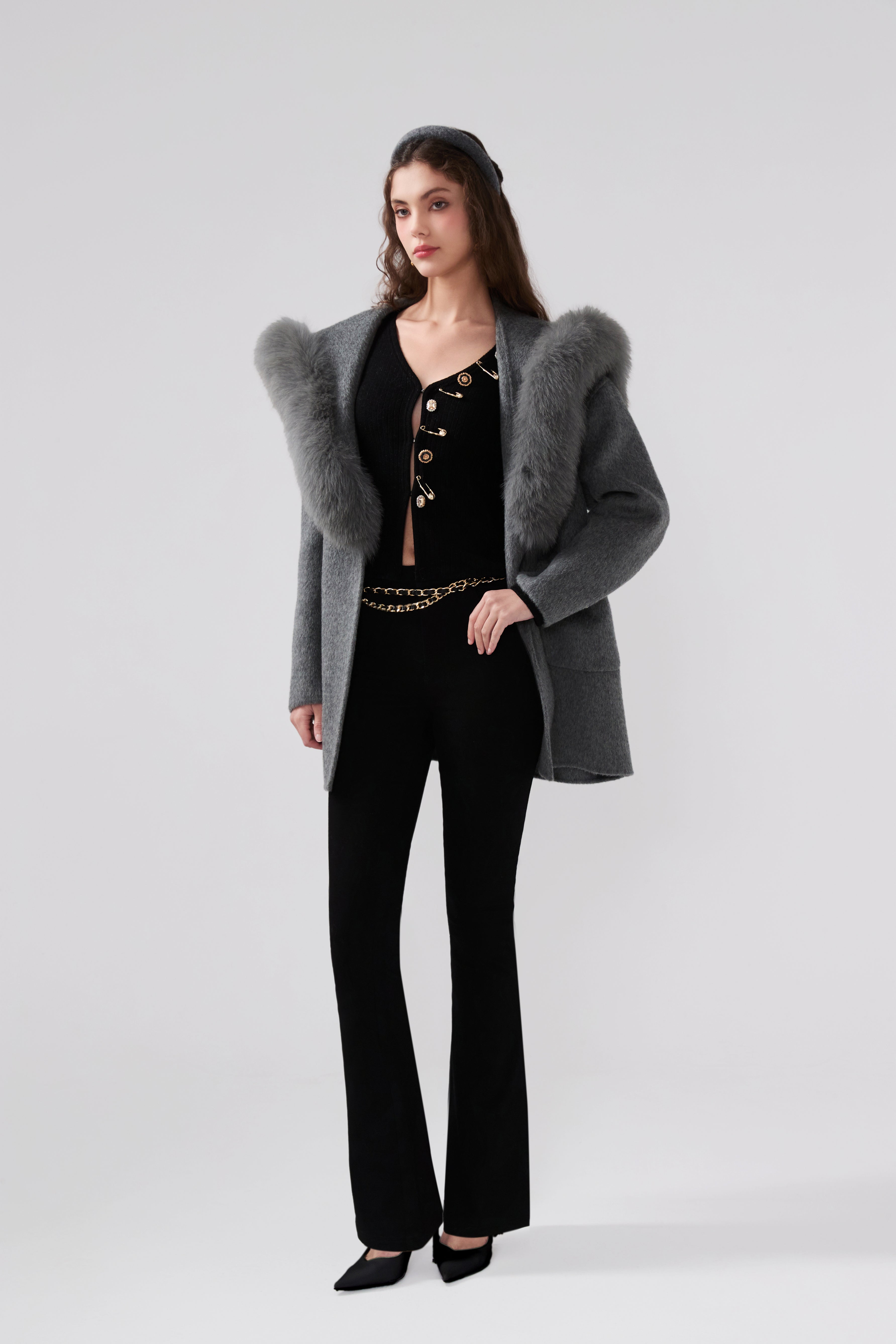 Detachable Fox Fur Grey Belted Hoodie Coat