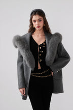 Detachable Fox Fur Grey Belted Hoodie Coat