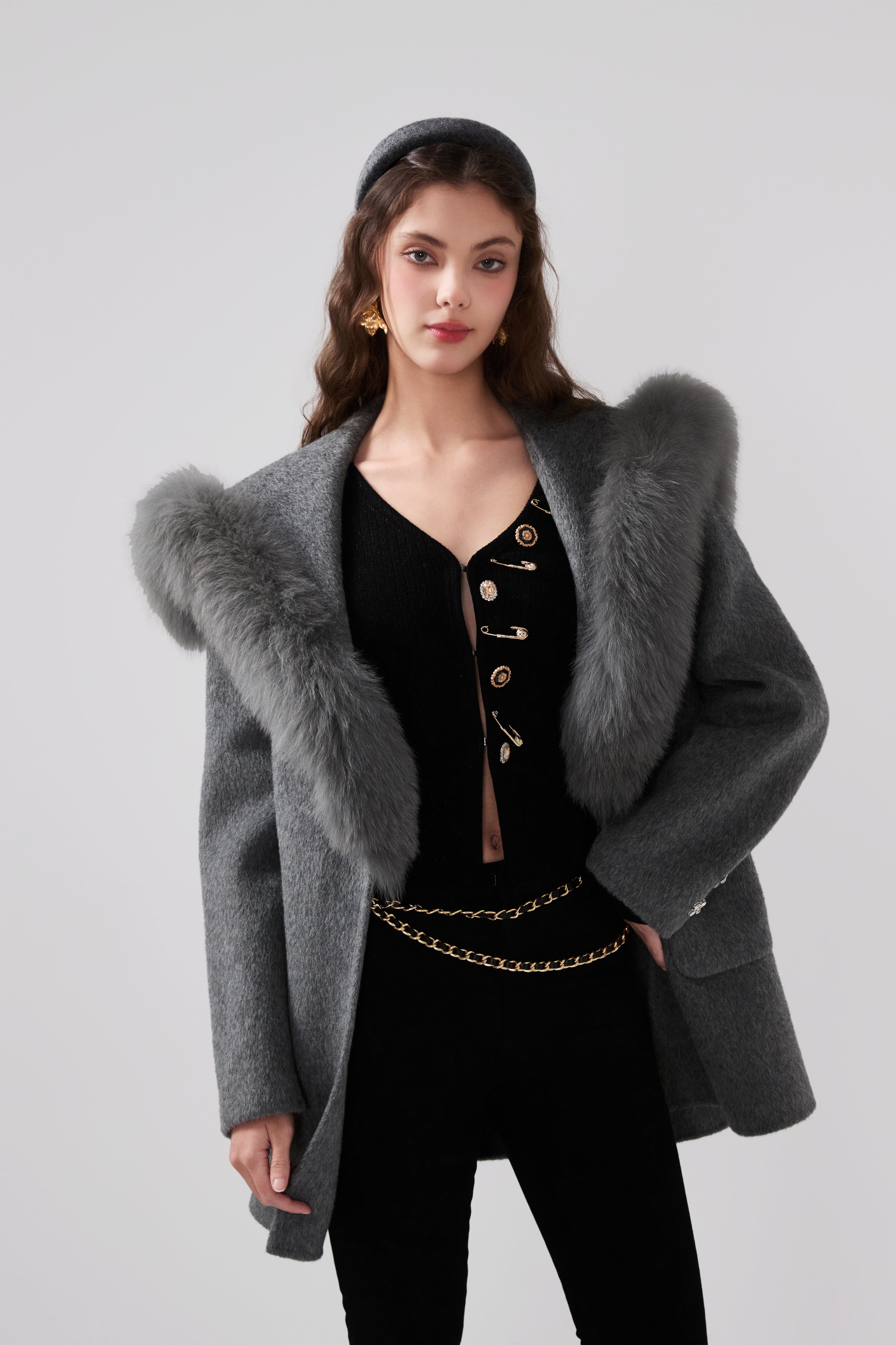 Detachable Fox Fur Grey Belted Hoodie Coat