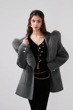 Detachable Fox Fur Grey Belted Hoodie Coat