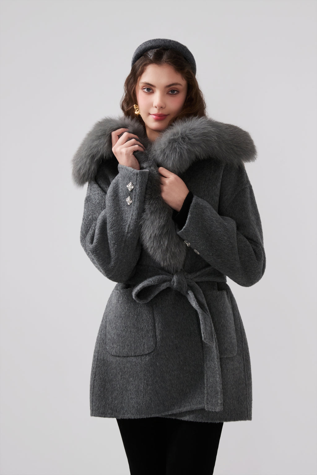Detachable Fox Fur Grey Belted Hoodie Coat