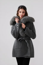 Detachable Fox Fur Grey Belted Hoodie Coat