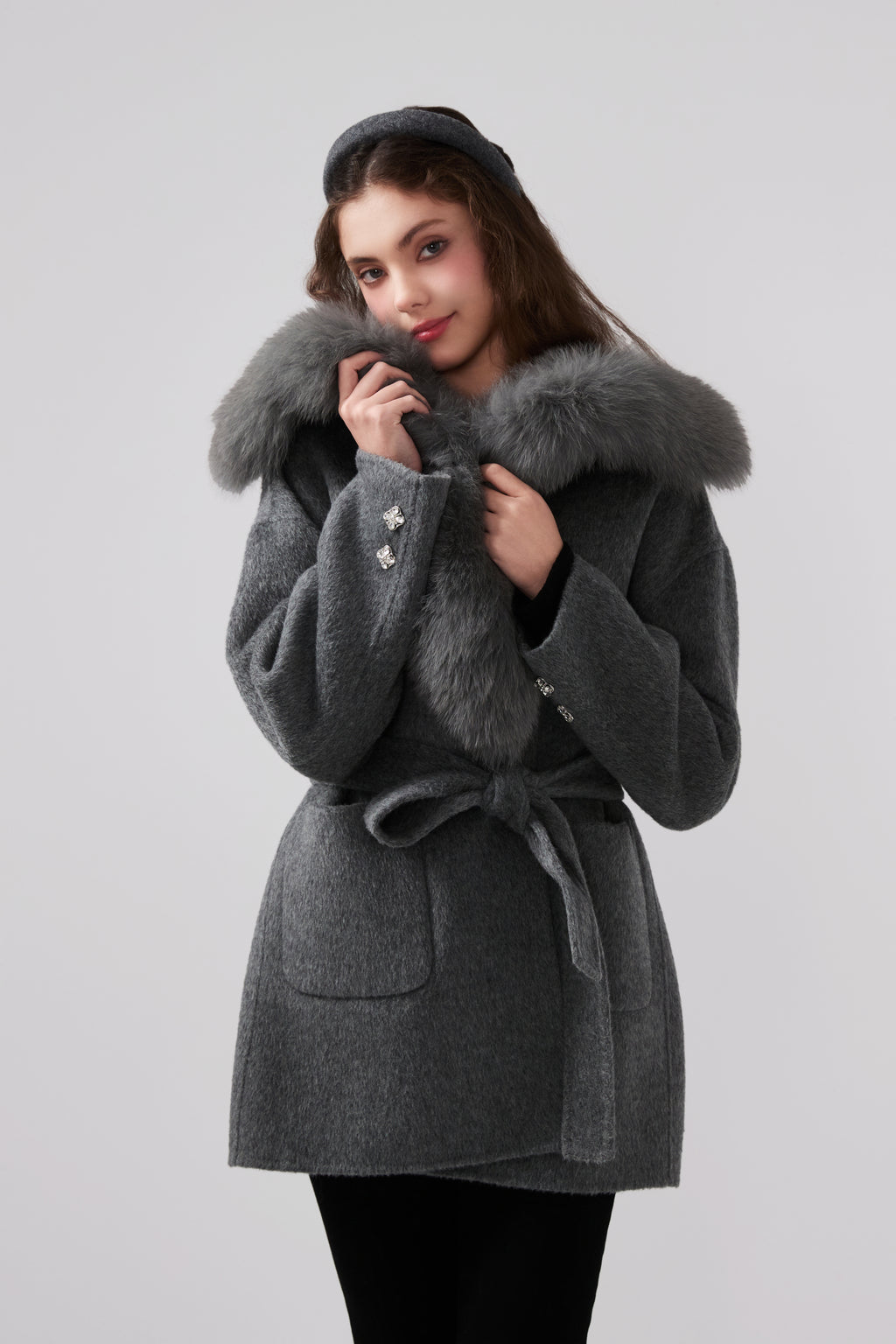 Detachable Fox Fur Grey Belted Hoodie Coat