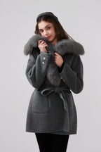 Detachable Fox Fur Grey Belted Hoodie Coat