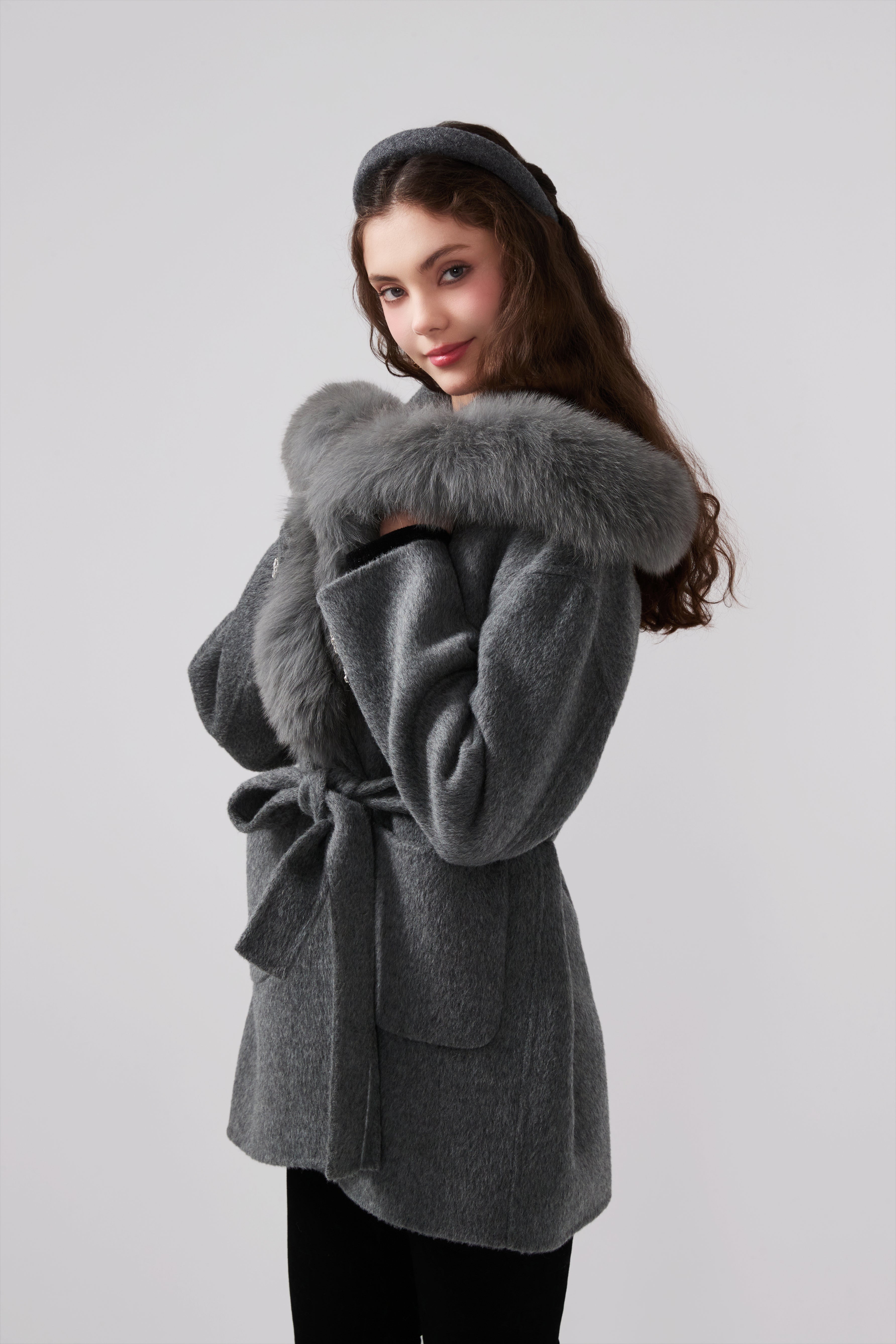 Detachable Fox Fur Grey Belted Hoodie Coat