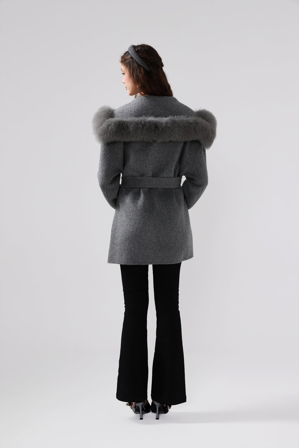 Detachable Fox Fur Grey Belted Hoodie Coat