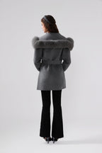 Detachable Fox Fur Grey Belted Hoodie Coat