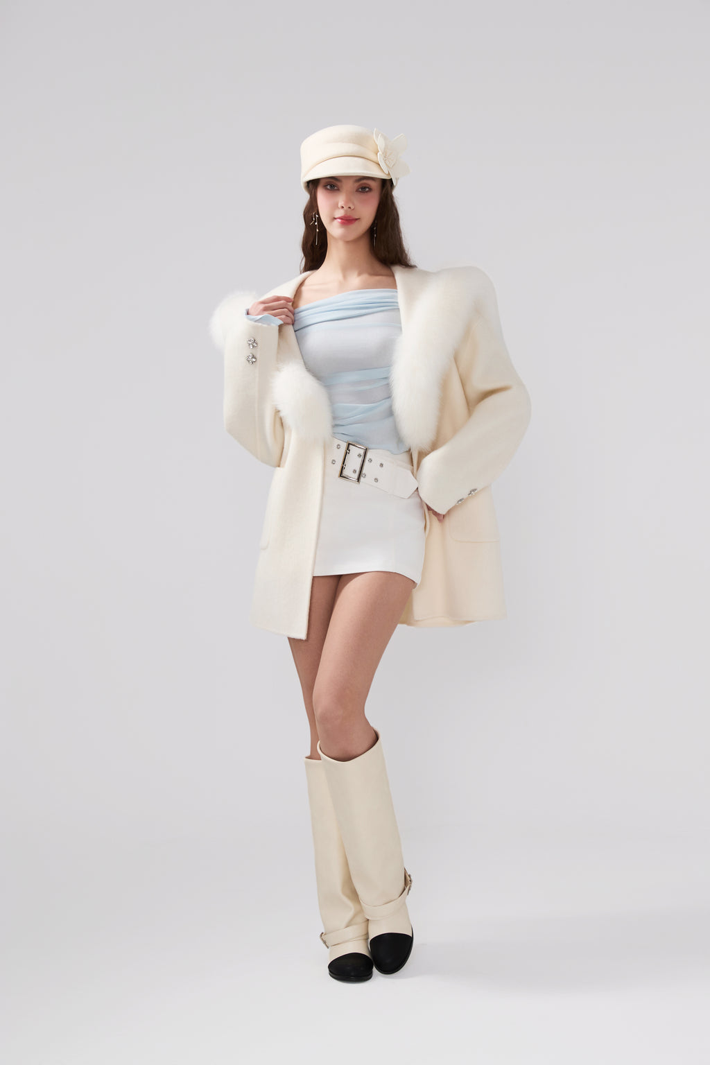 Detachable Fox Fur White Belted Hoodie Coat