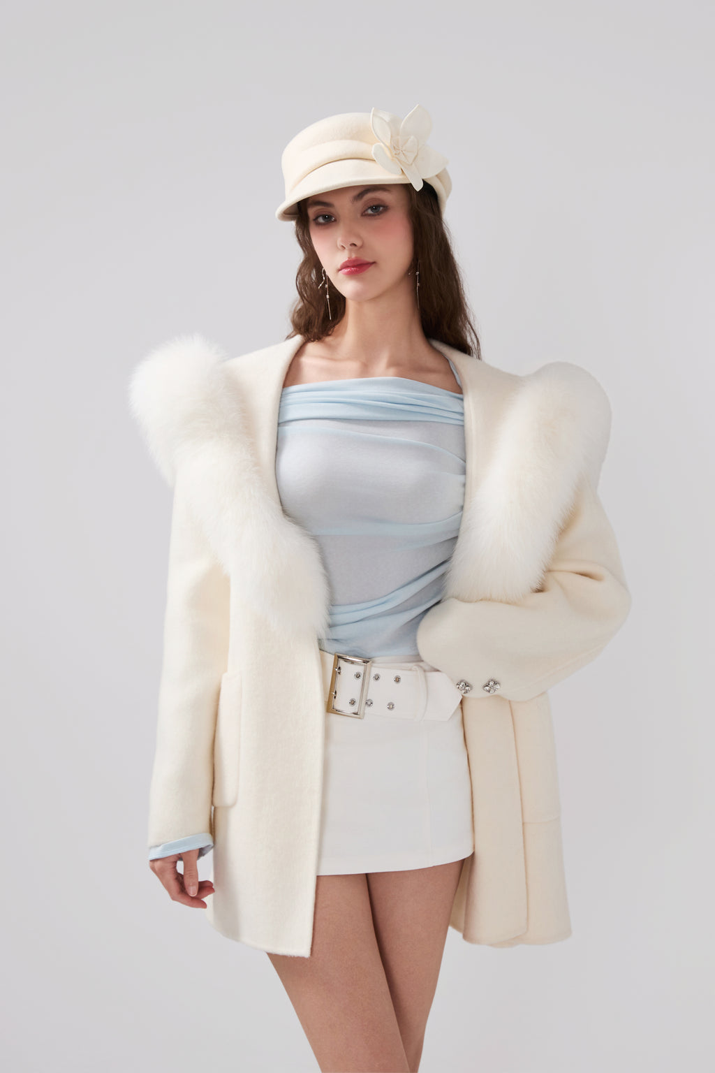 Detachable Fox Fur White Belted Hoodie Coat