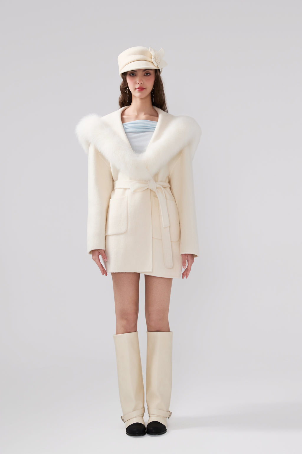Detachable Fox Fur White Belted Hoodie Coat