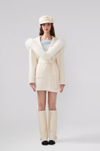Detachable Fox Fur White Belted Hoodie Coat