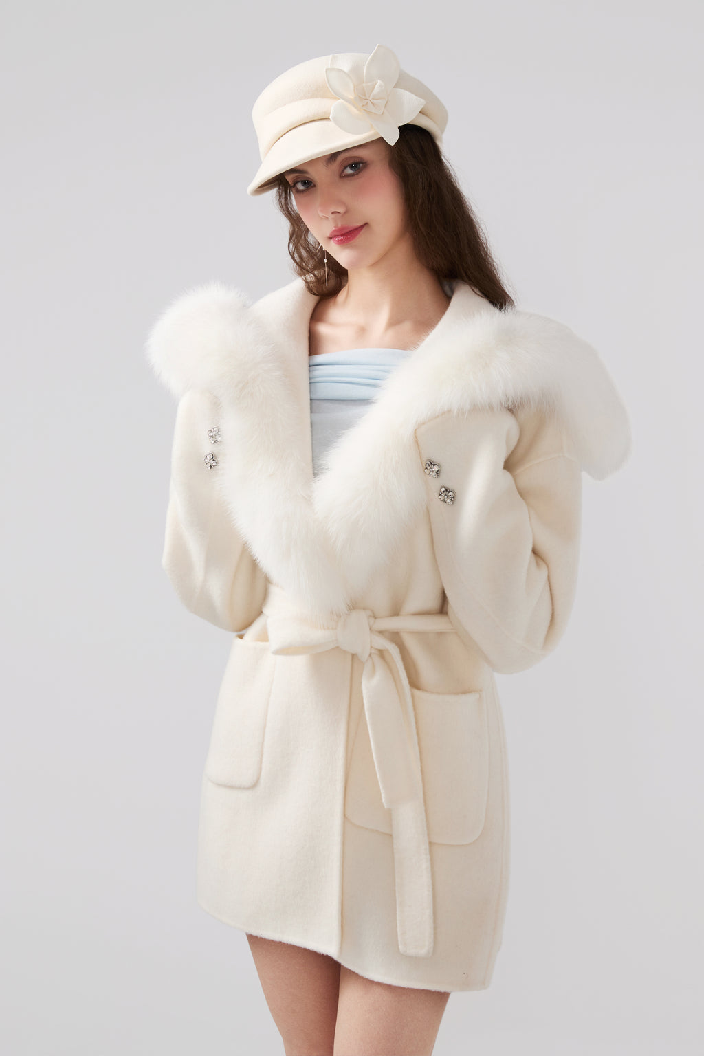 Detachable Fox Fur White Belted Hoodie Coat