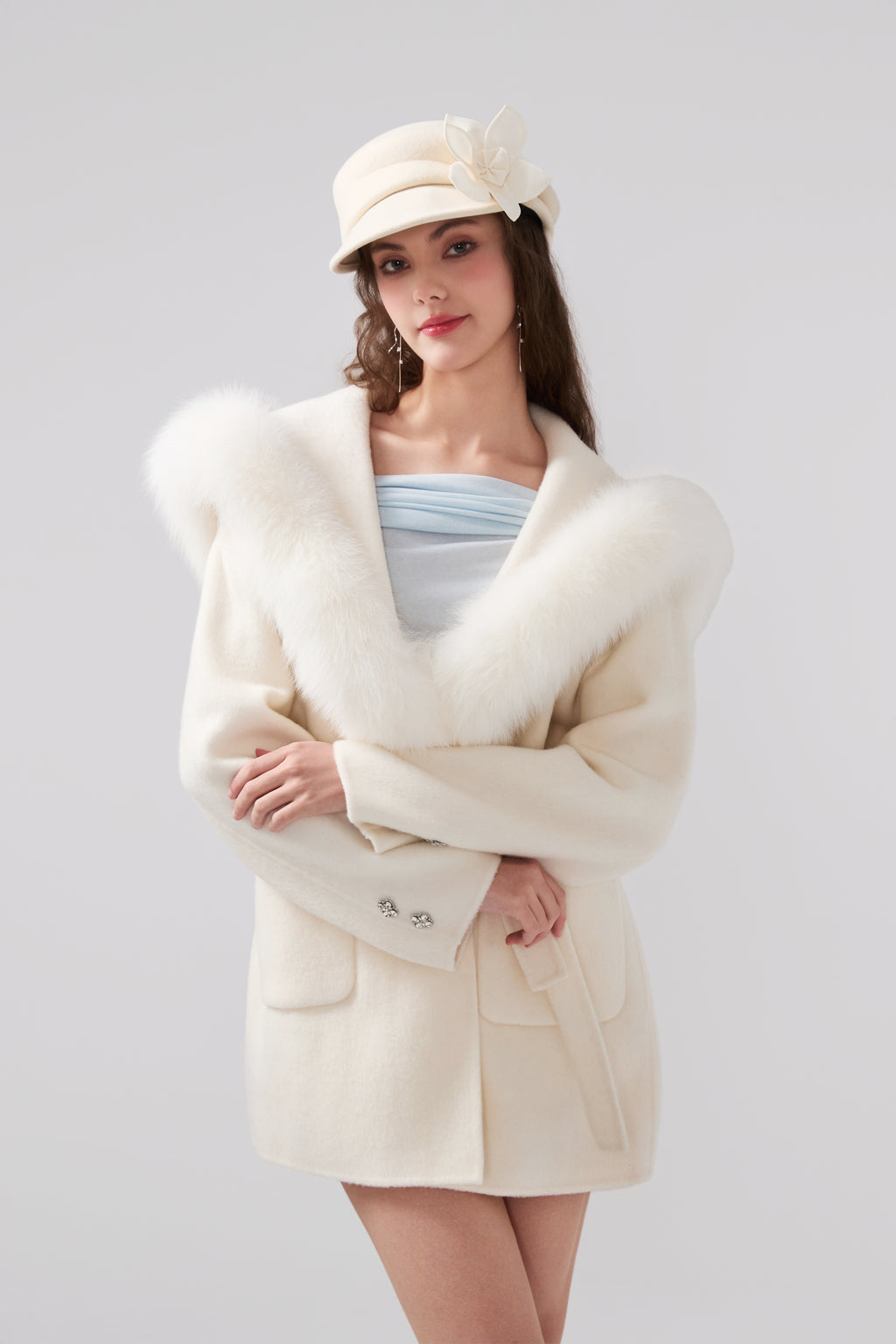 Detachable Fox Fur White Belted Hoodie Coat