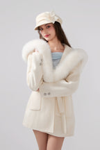 Detachable Fox Fur White Belted Hoodie Coat