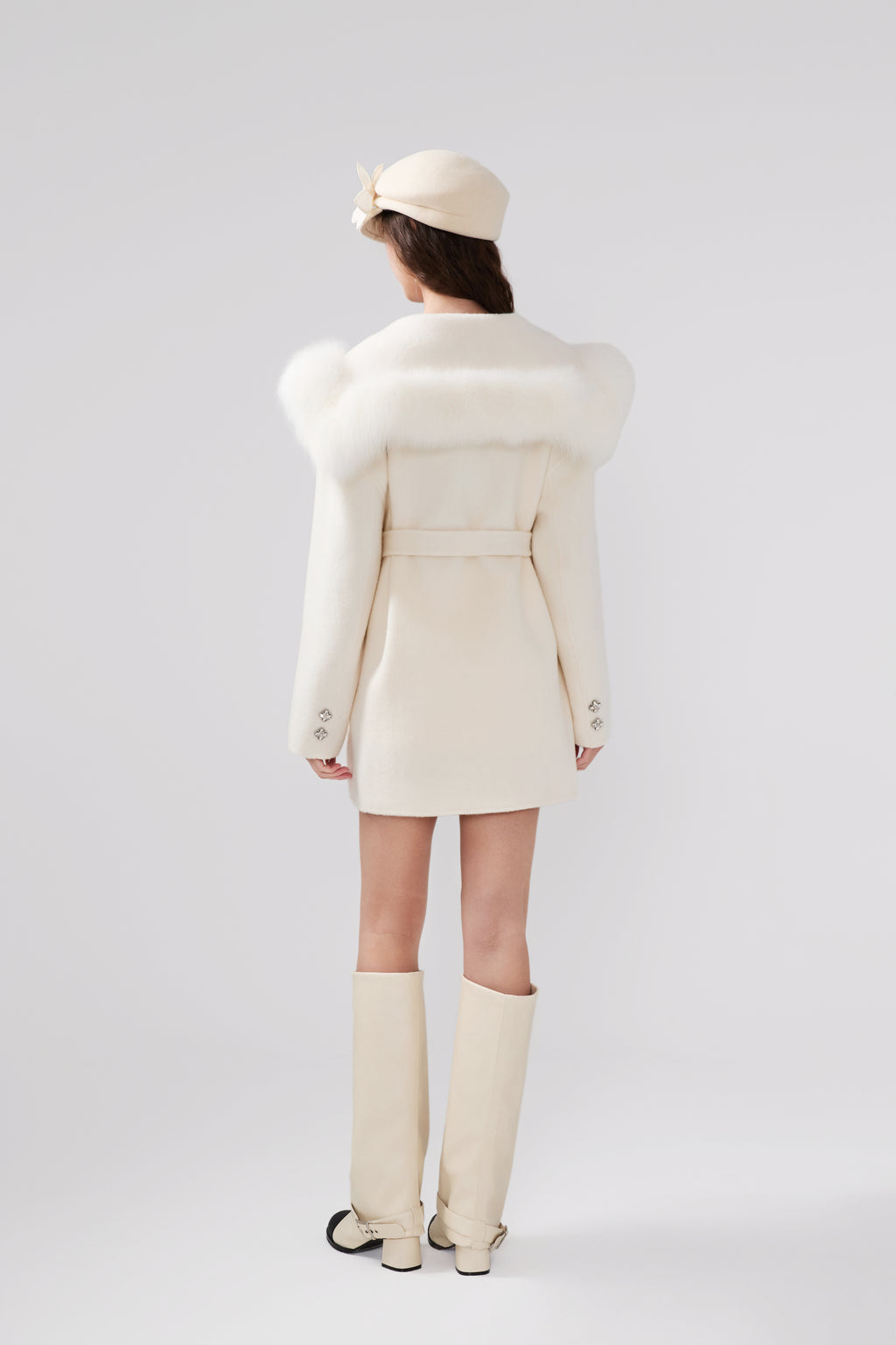 Detachable Fox Fur White Belted Hoodie Coat