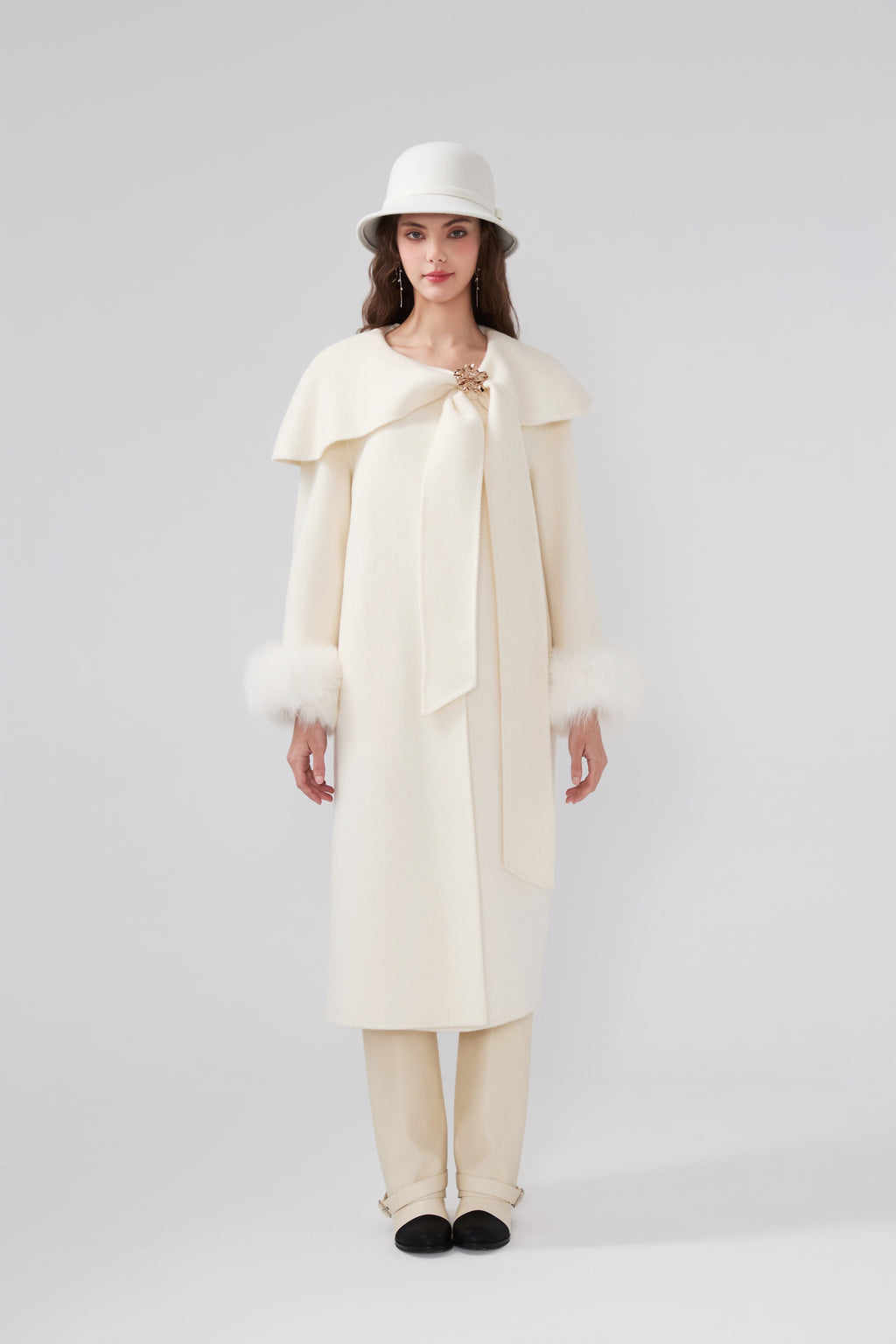 Butterflies Lapel White Cashmere Long Coat