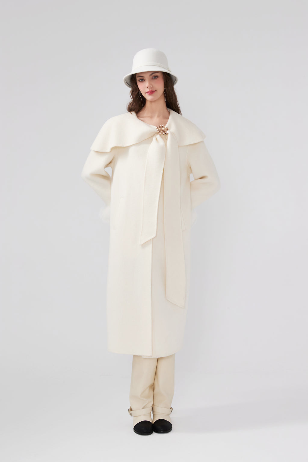 Butterflies Lapel White Cashmere Long Coat