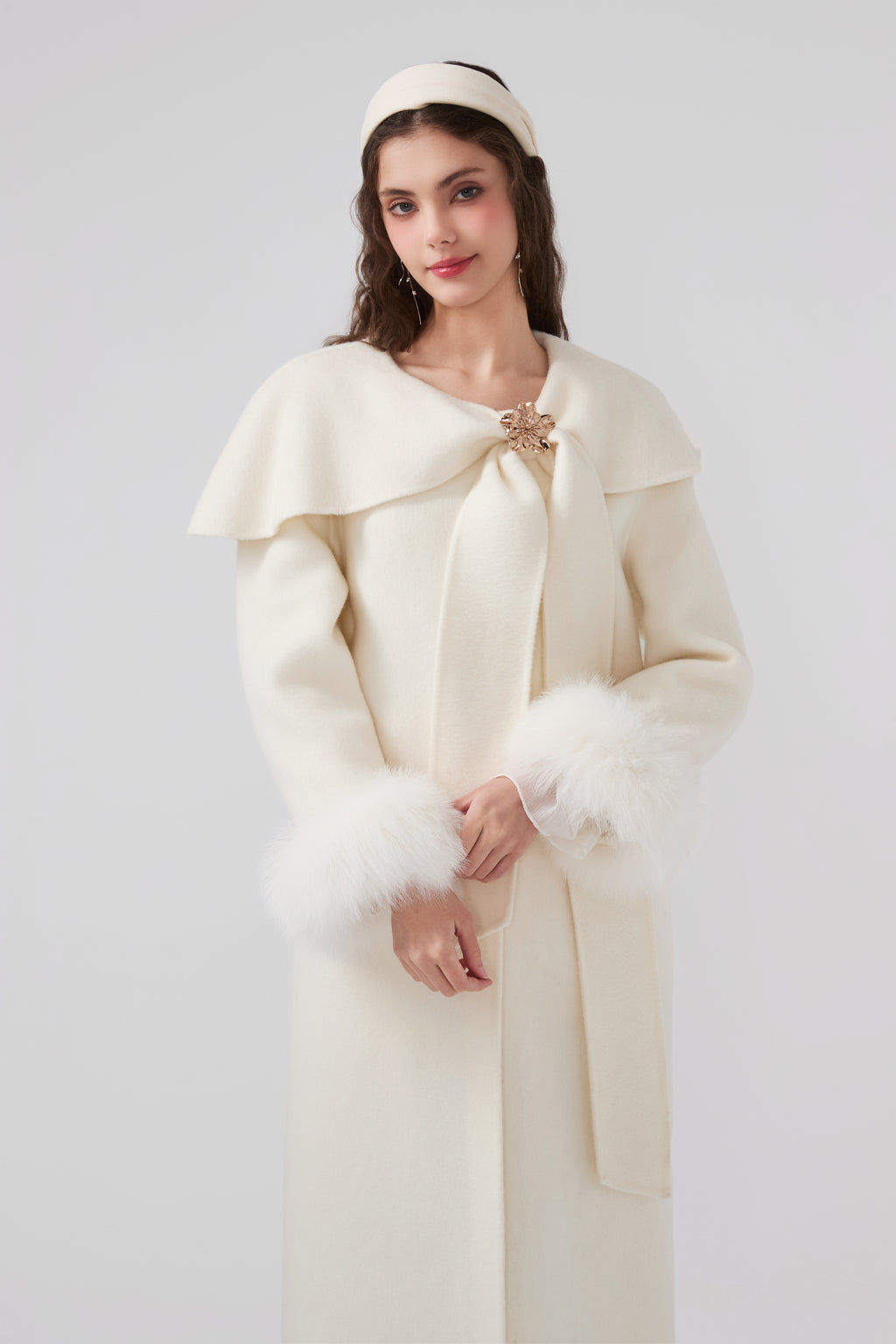 Butterflies Lapel White Cashmere Long Coat