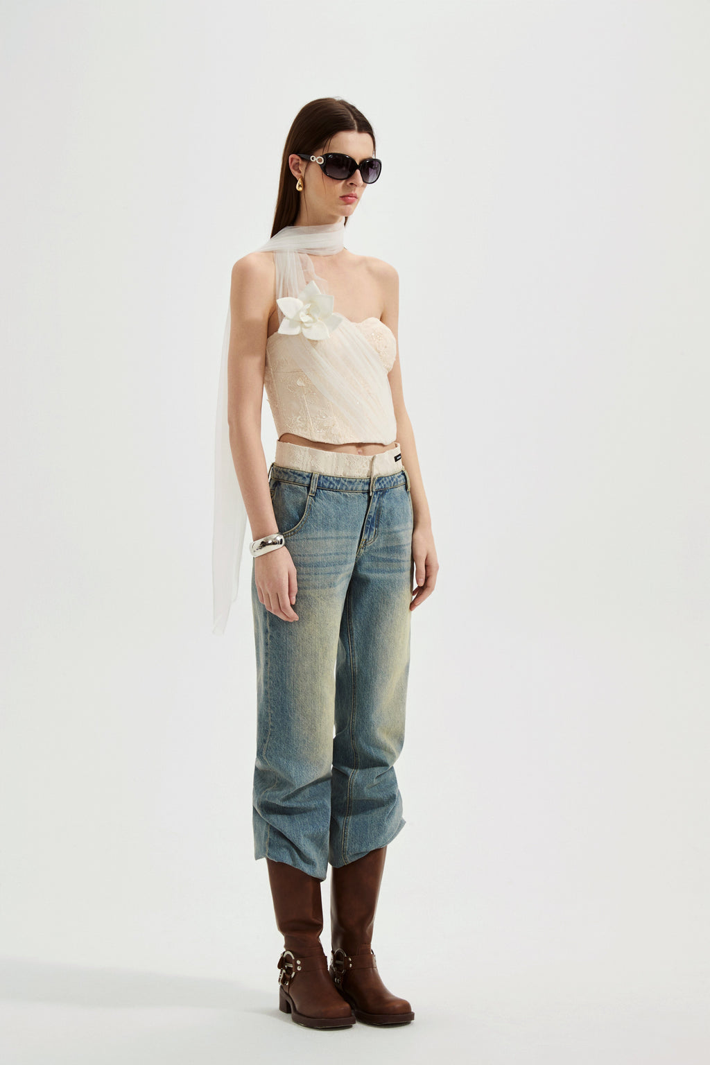 White Iridescent Tulle Fishbone Halter Top