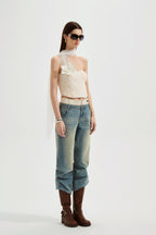 White Iridescent Tulle Fishbone Halter Top