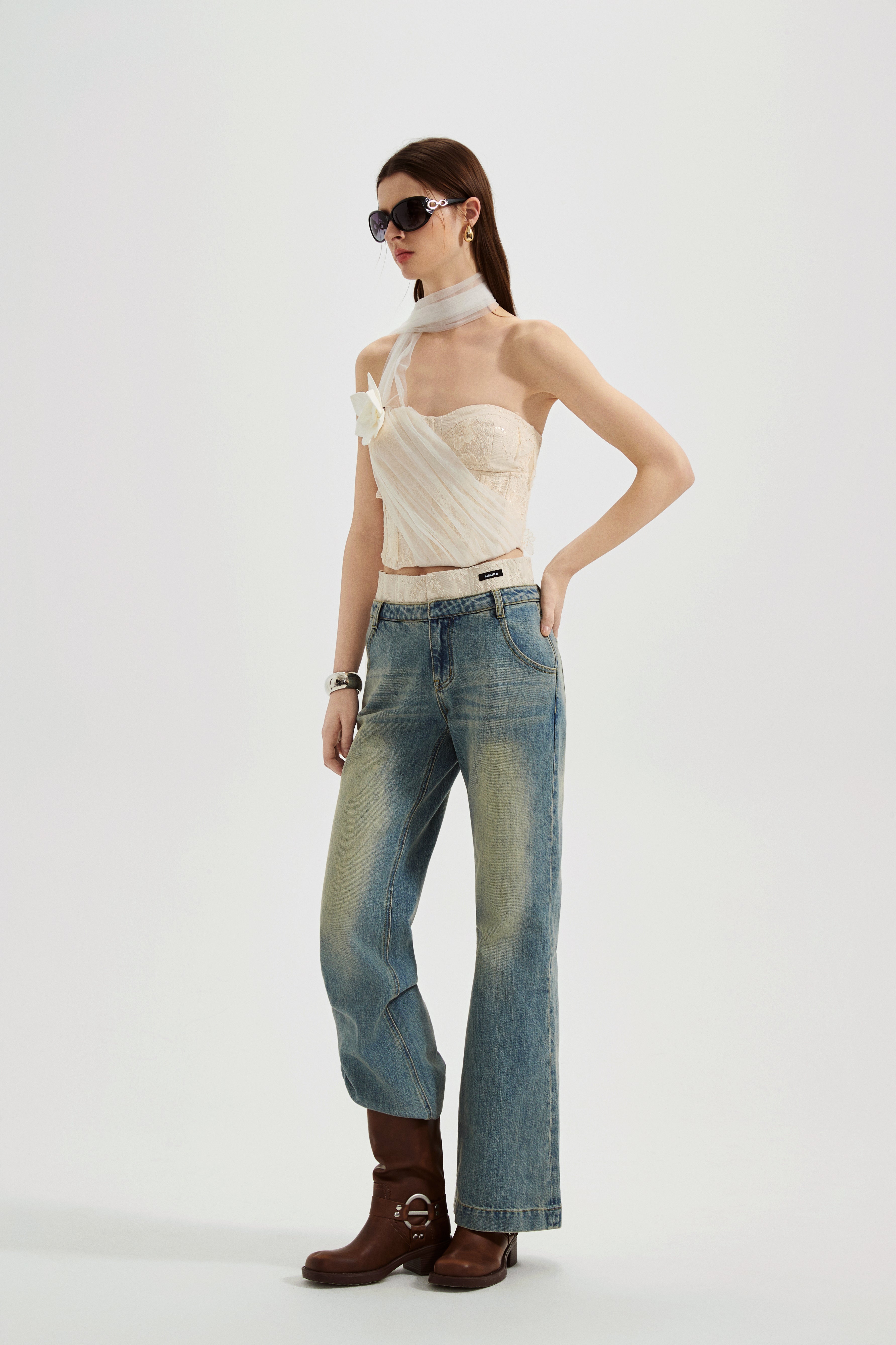 White Iridescent Tulle Fishbone Halter Top