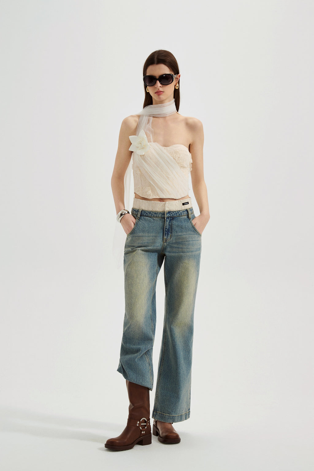 White Iridescent Tulle Fishbone Halter Top