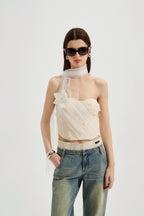 White Iridescent Tulle Fishbone Halter Top