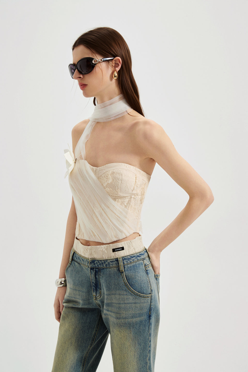White Iridescent Tulle Fishbone Halter Top