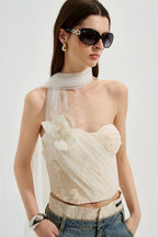 White Iridescent Tulle Fishbone Halter Top