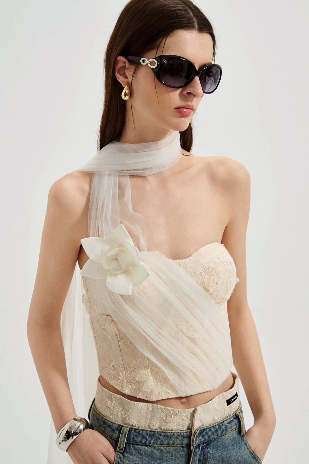 White Iridescent Tulle Fishbone Halter Top