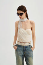 White Iridescent Tulle Fishbone Halter Top