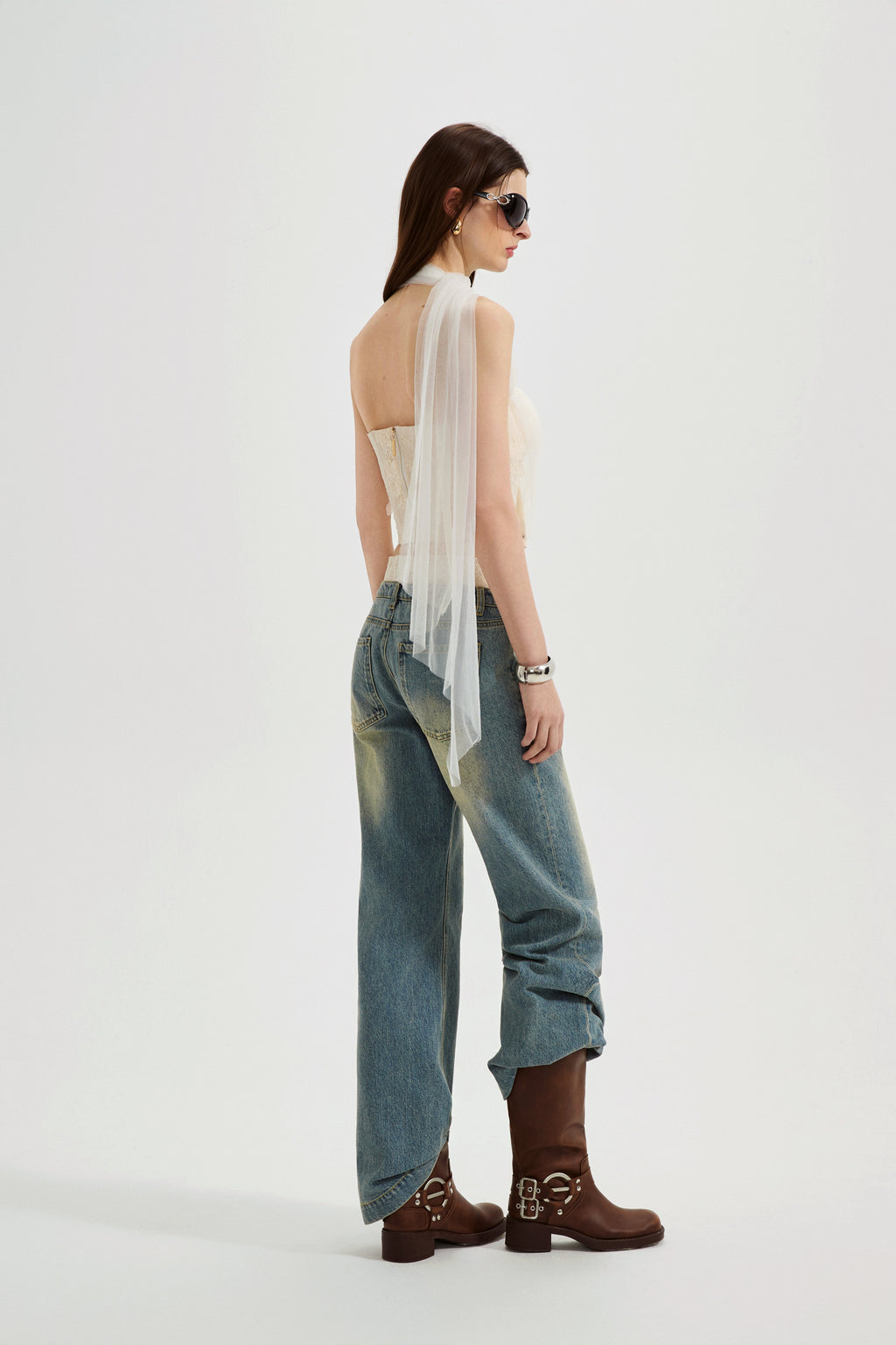 White Iridescent Tulle Fishbone Halter Top