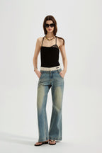 Black halterneck knit top with lace panels