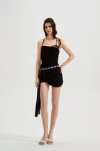 Black halterneck knit top with lace panels