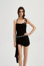 Black halterneck knit top with lace panels