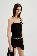 Black halterneck knit top with lace panels