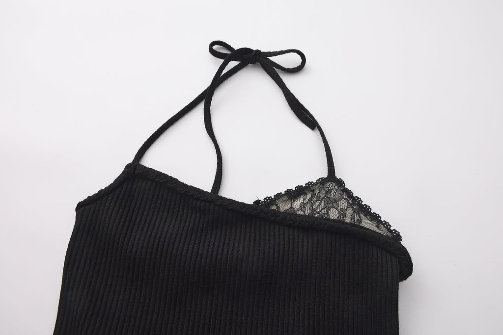 Black halterneck knit top with lace panels