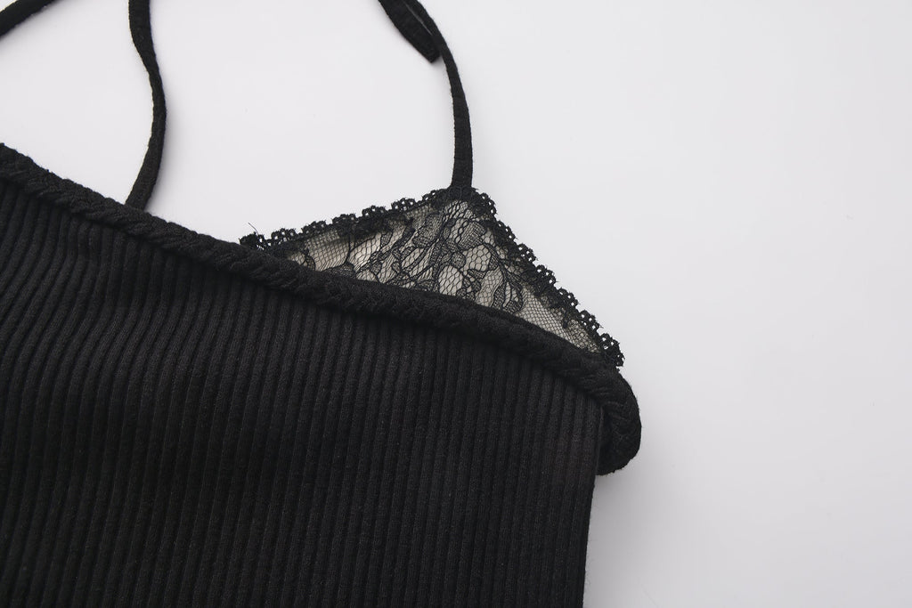 Black halterneck knit top with lace panels