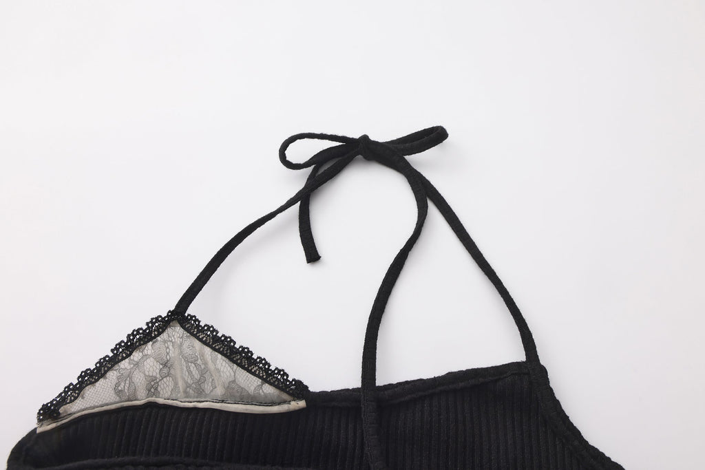 Black halterneck knit top with lace panels